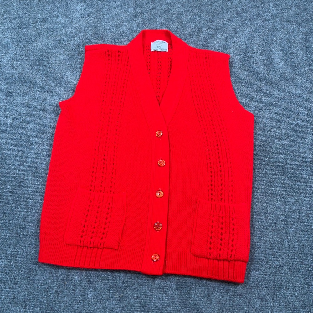 VTG College Point Knit Cardigan Women M Red Pointelle Button Up Grandma USA Made